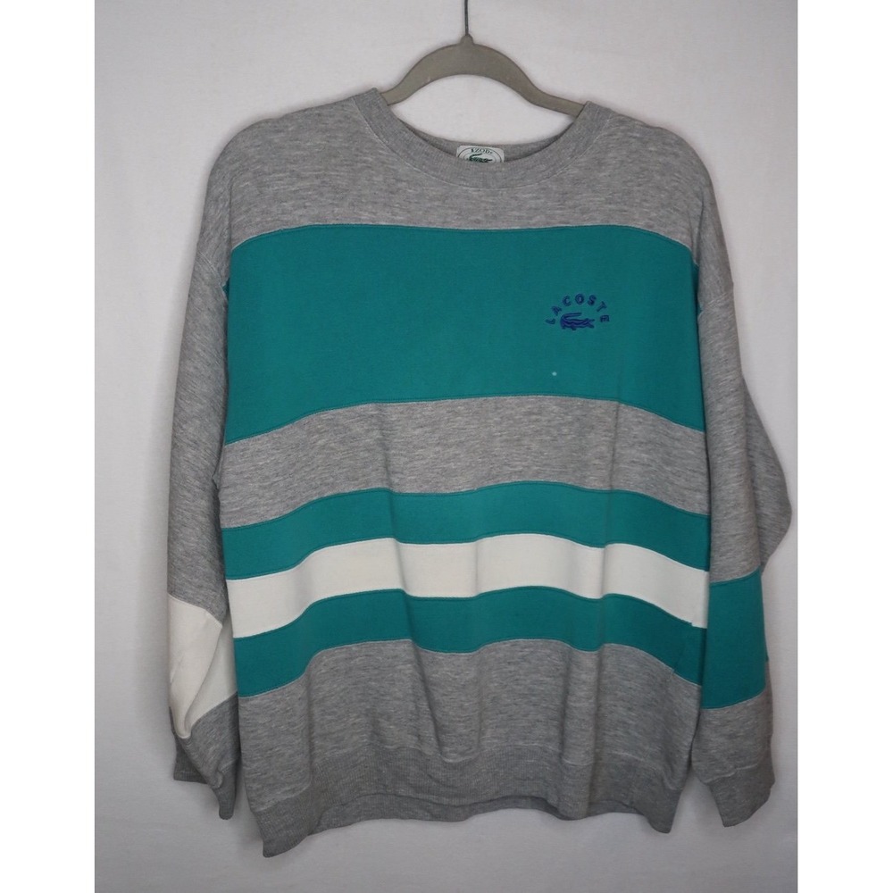 Vintage IZOD Lacoste Striped Sweatshirt Gray Teal White Crewneck Mens Medium
